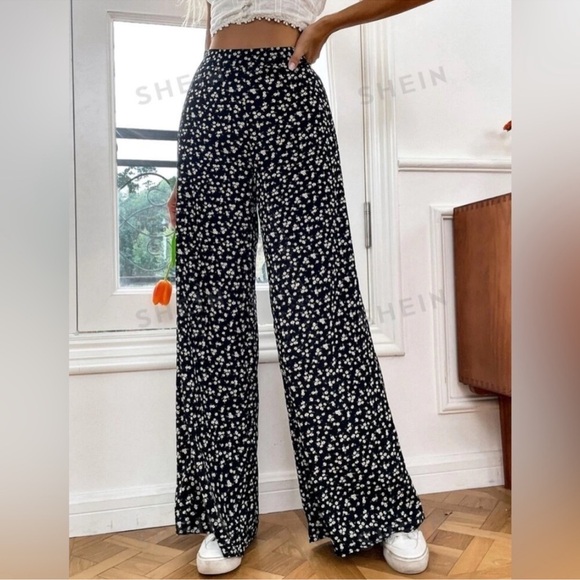 Ditsy Floral Wide Leg Pants Women's Black Side Zip Daisy Print Boho - Picture 4 of 8
